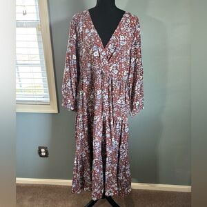 Madewell Rust Floral V-Neck Tiered Maxi Dress with Blue Floral Accents